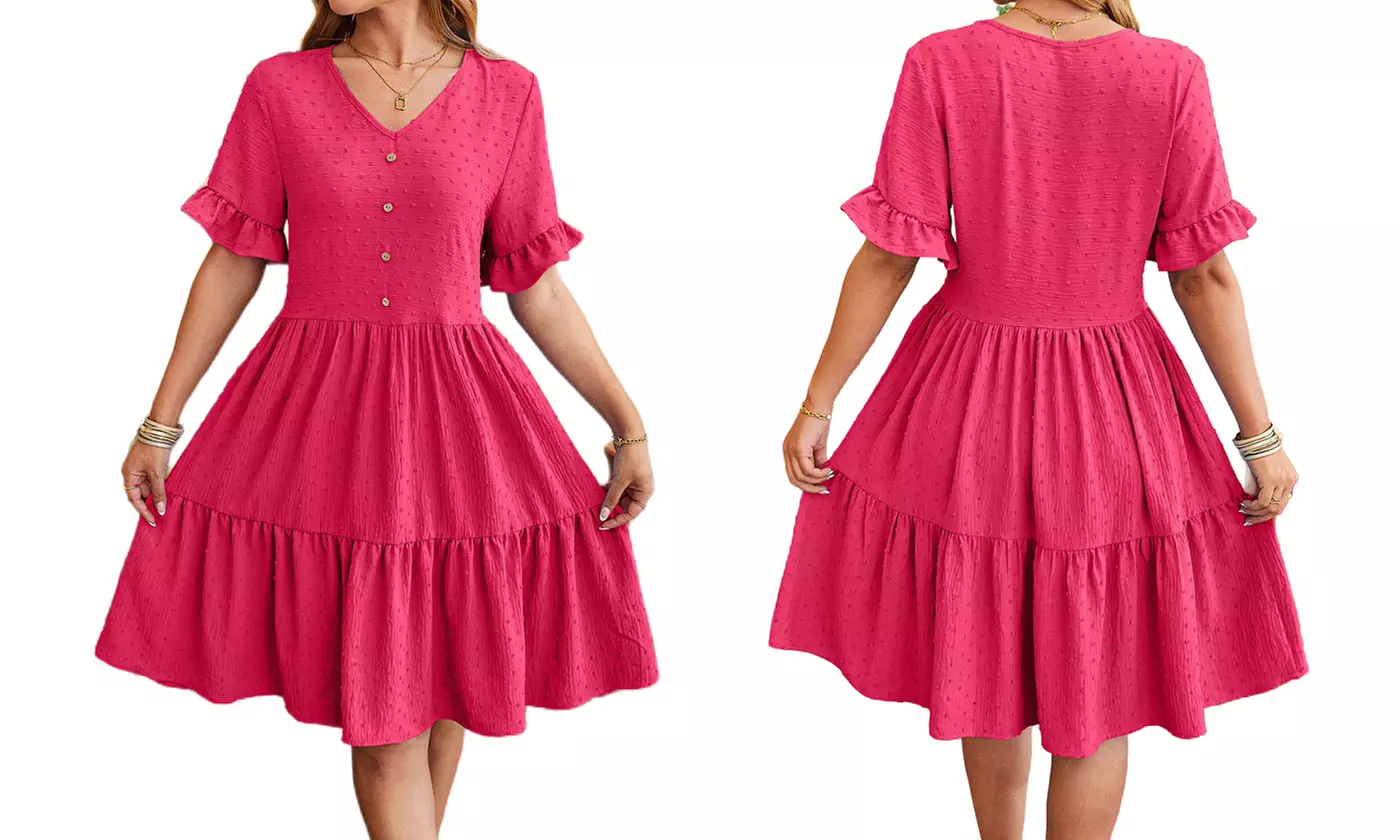 Womens V Neck Short Sleeve Swiss Dot Ruffle Hem Summer Dress