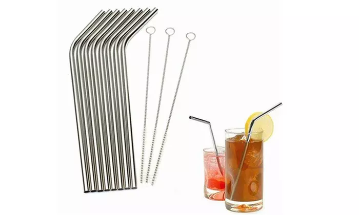 Stainless Steel Drinking Straws, Bent or Straight, With Brush (4 or 8-pack)