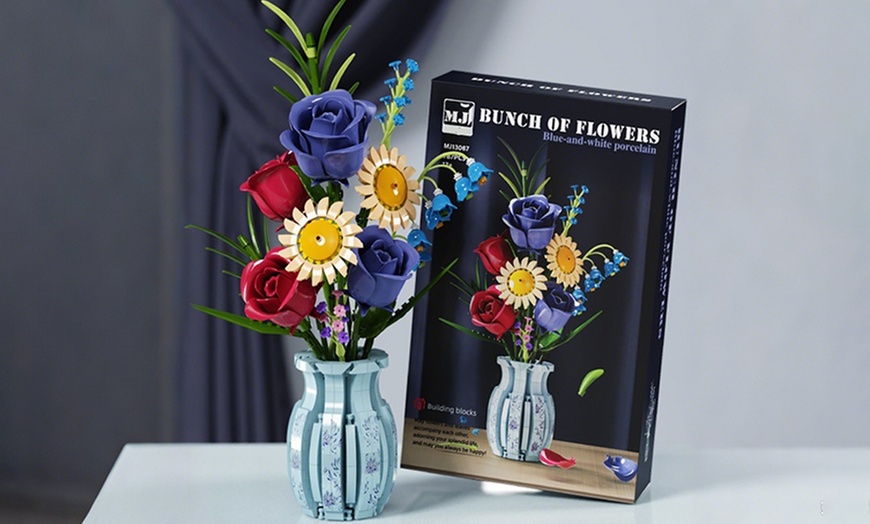 Image 5: LEGO Inspired Flowers Bouquet Building Blocks Set with Porcelain Style Vase, Roses, Sunflower, Lily of The Valley