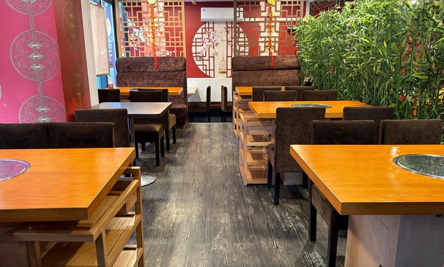 Image 5:  Hot Pot with sliced meat, fresh veggies, rice/noodles for Two or Four