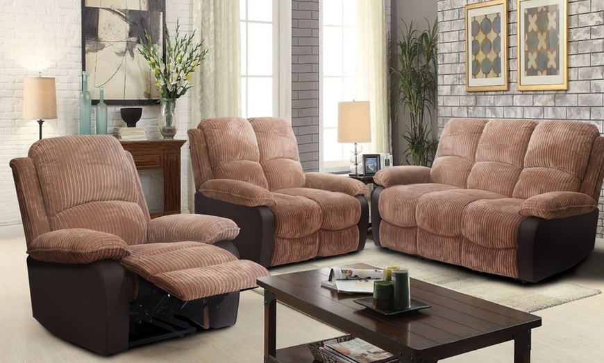 Image 1: Jumbo Cord Fabric Reclining Sofa Set
