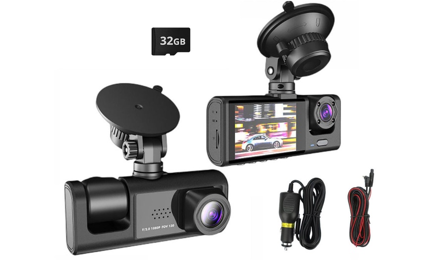 Image 1: Triple Channel Car Dash Cam with 32GB Card, 140-Degree Wide Angle