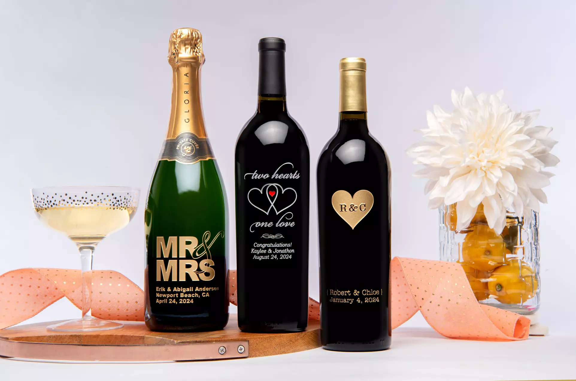Personalized Wedding Gifts & Favors: Custom Etched Wine Bottles - Mr & Mrs, Heart Monogram & Mini Favor Sets