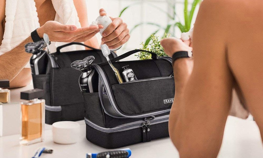 Image 7: Large Hanging Toiletry Bag Travel Makeup Bag Organizer Dry Wet Separation