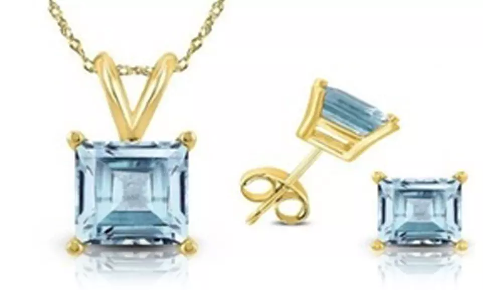 18K Yellow Gold Aquamarine Square 18 Inch Necklace and Earrings Set Plated - Primary Image