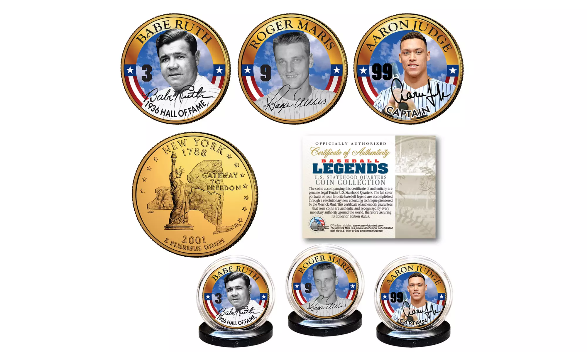 RUTH , MARIS , JUDGE Yankee HR Greats NY State Quarters 24K Gold Clad 3-Coin Set