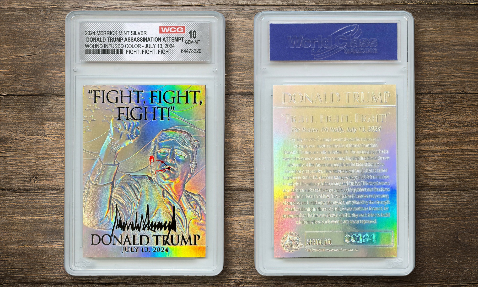 Donald Trump Assassination Fight Wound Infused Color SILVER Hologram Card Gem 10
