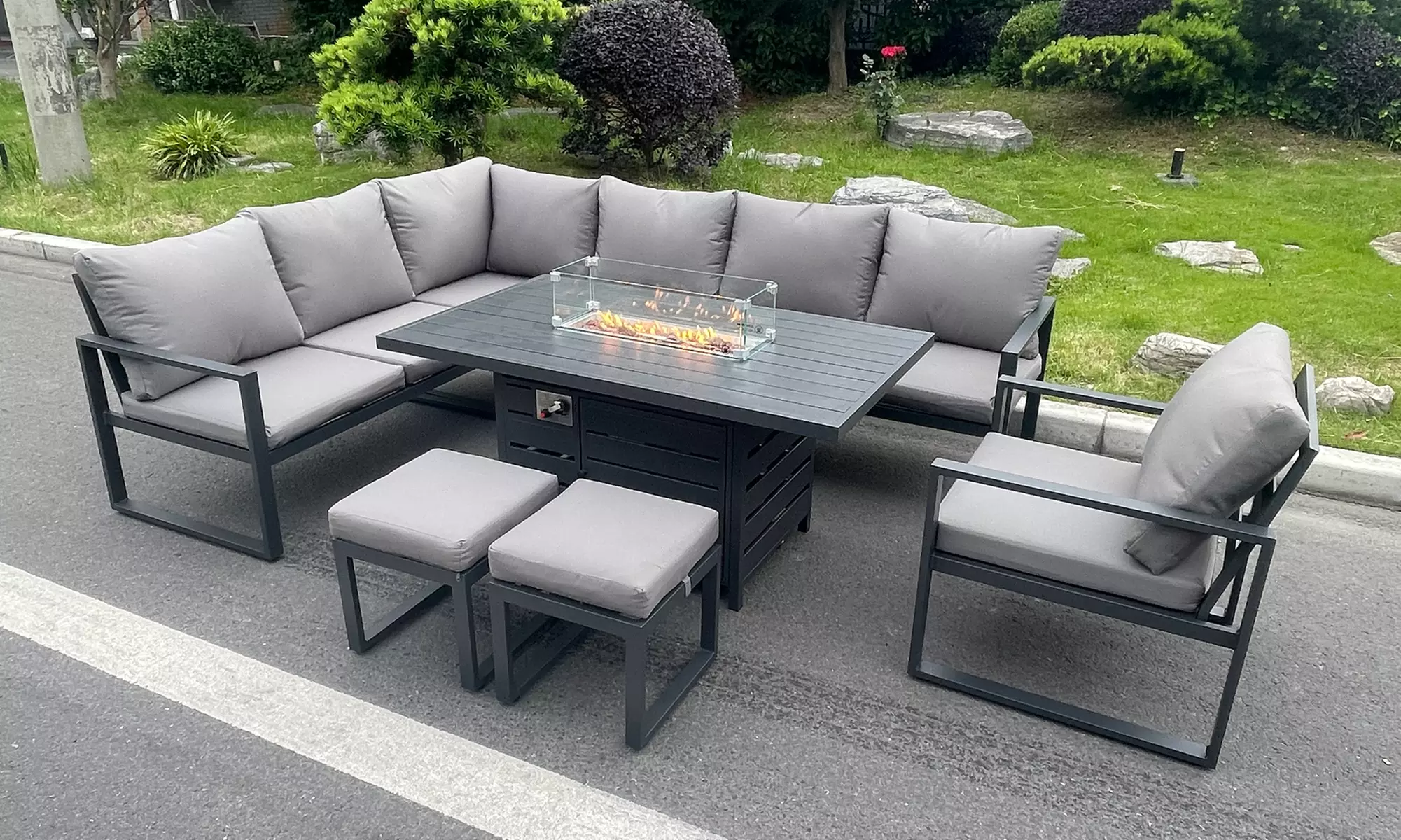 Fimous Aluminium 10-Seater Outdoor Patio Dining Set with Fire Pit - Primary Image