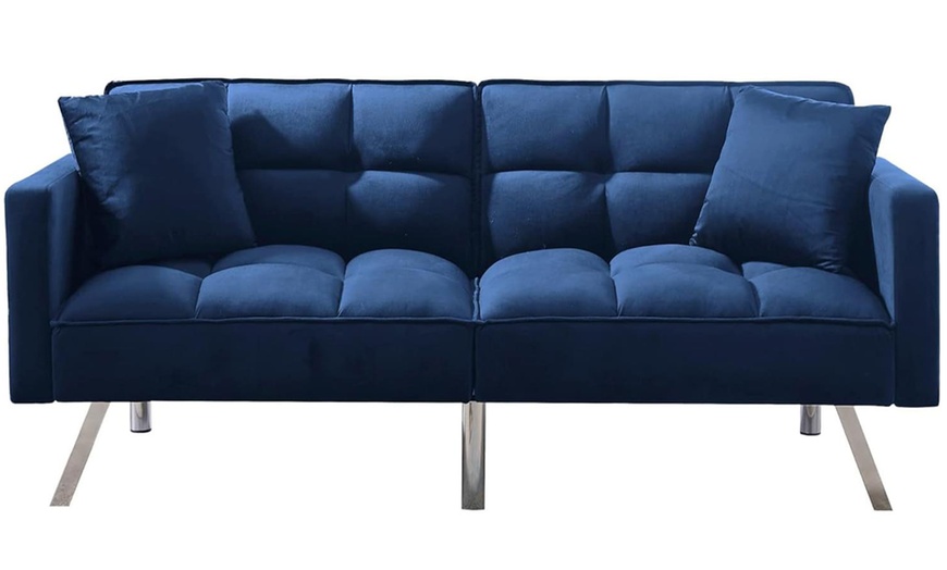 Image 4: Modern Design Tufted Convertible Blue Velvet Sleeper Sofa Bed