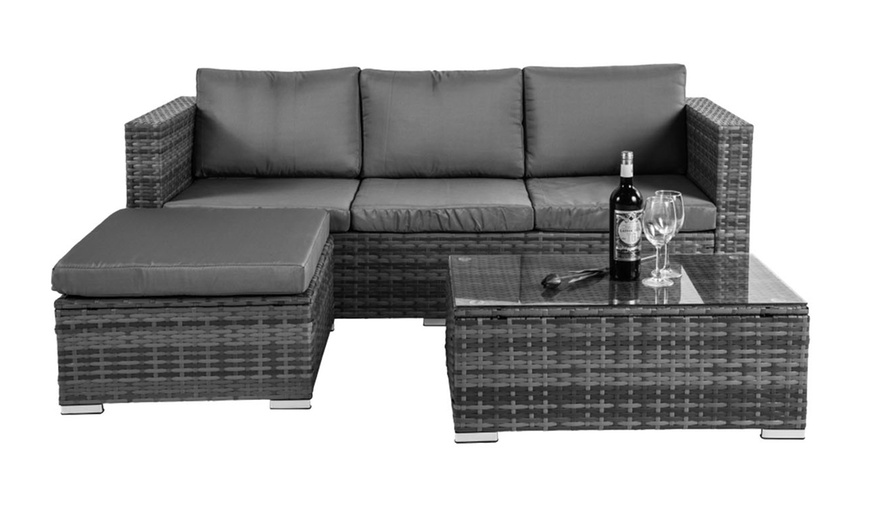 Image 1: Three-Piece Grey Rattan-Effect Garden Corner Sofa Set
