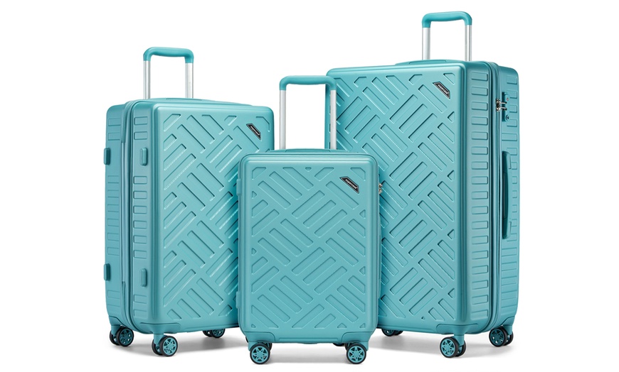 Image 8: Three-Piece Sleek Geometric Pattern Hard Shell ABS+PC Suitcase Set 