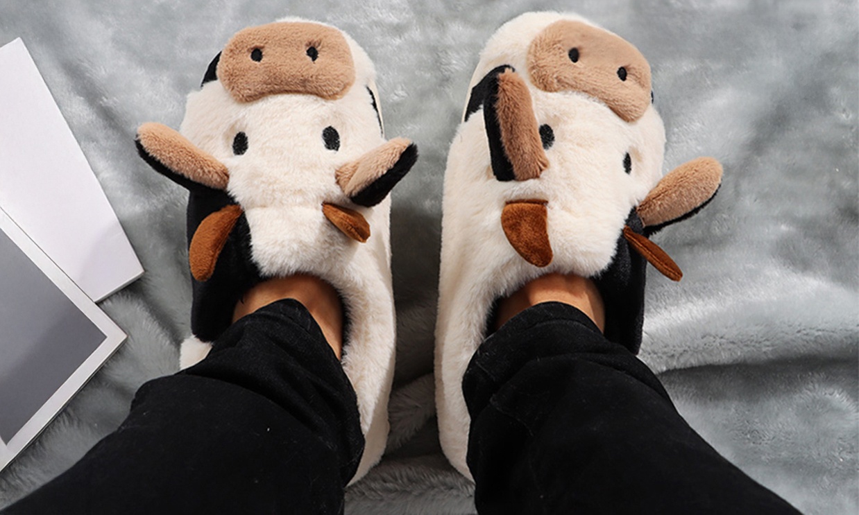 Winter Warm Cozy Fuzzy Plush Cartoon Cotton Cute Cow Indoor Outdoor Slippers