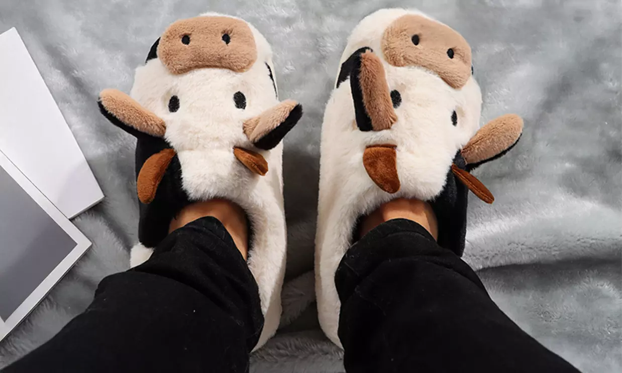 Winter Warm Cozy Fuzzy Plush Cartoon Cotton Cute Cow Indoor Outdoor Slippers