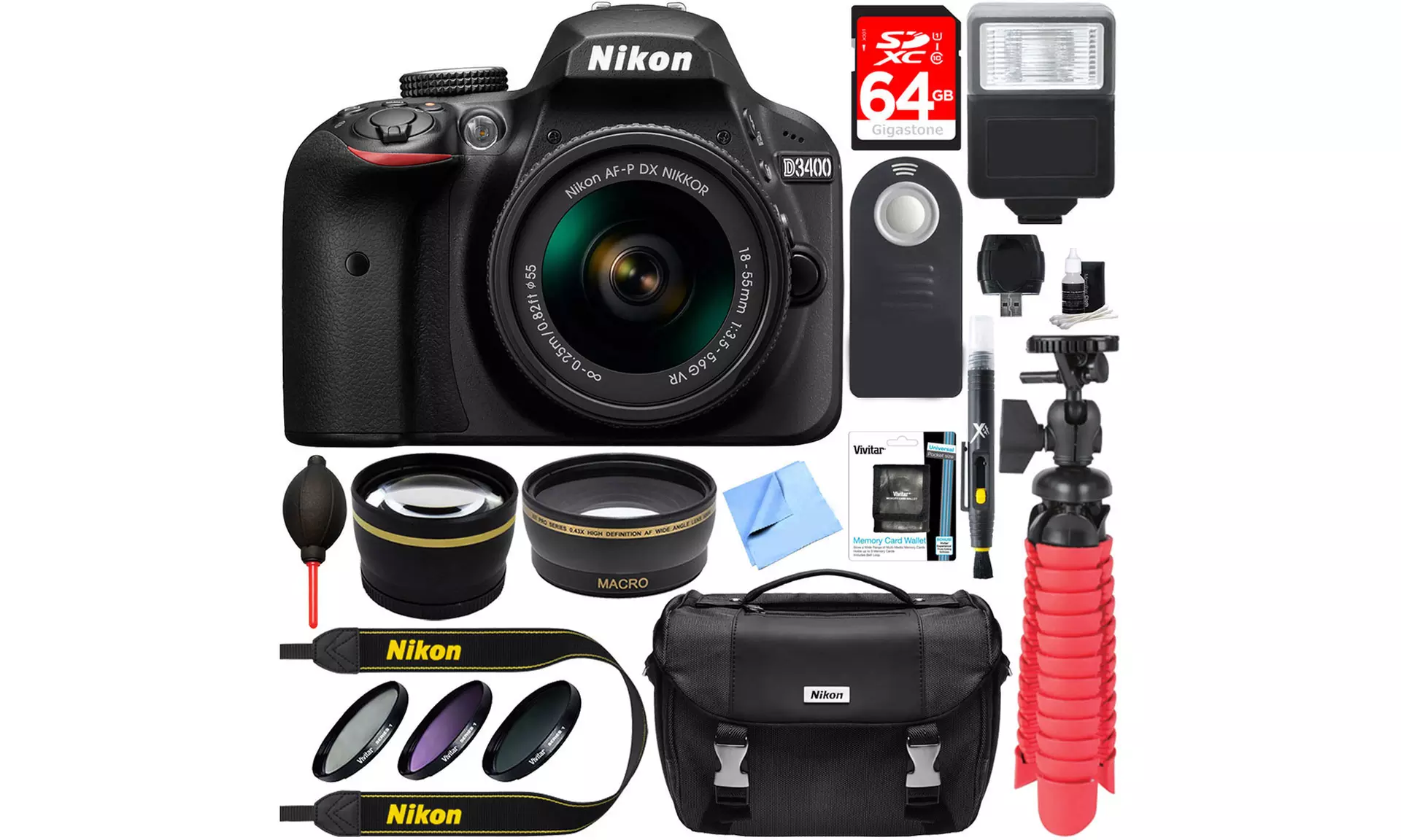 Nikon D3400 24.2MP DSLR Camera and Lens Bundle (15-Piece) - Primary Image