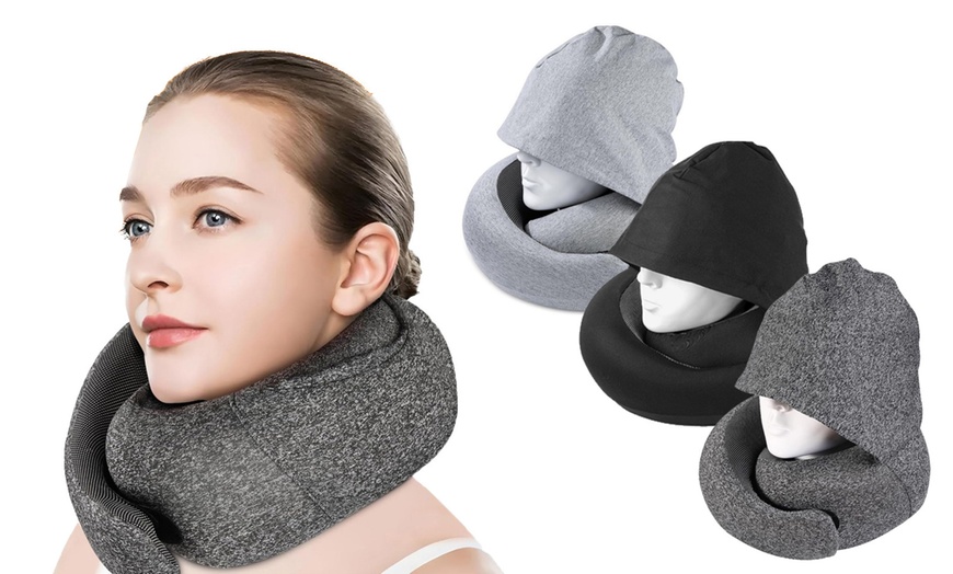 Image 1: Memory Foam Hooded Neck Pillow