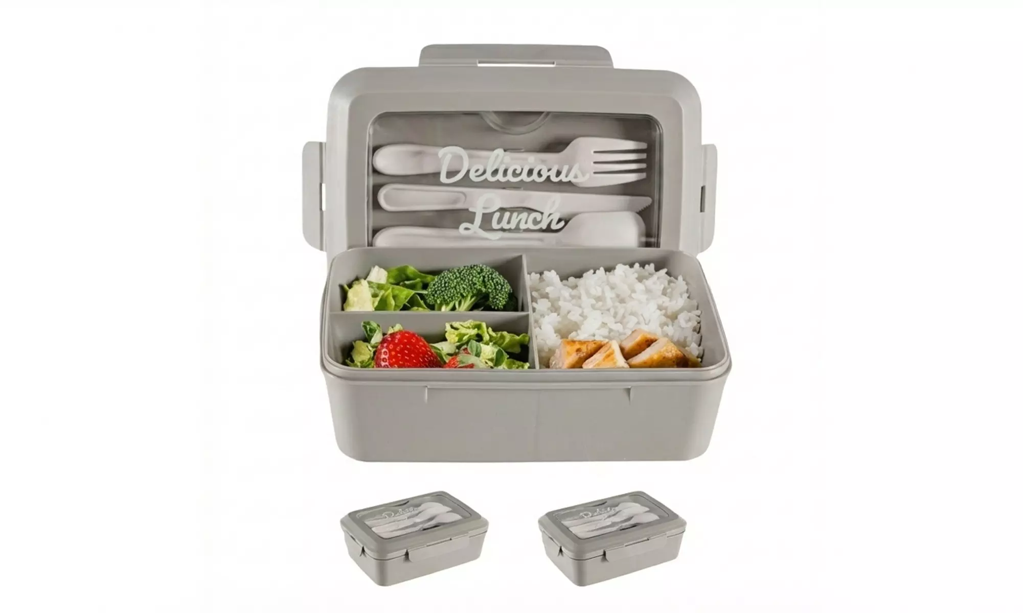Set van 2 lunchboxen (1300 ml.) met 3 vakken en bestek