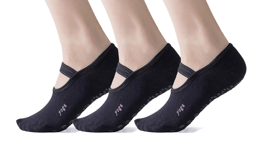 Image 7: 1-3 Pair Yoga Sock for Women Non-Slip Grips & Straps Dance Socks Pilates Socks 