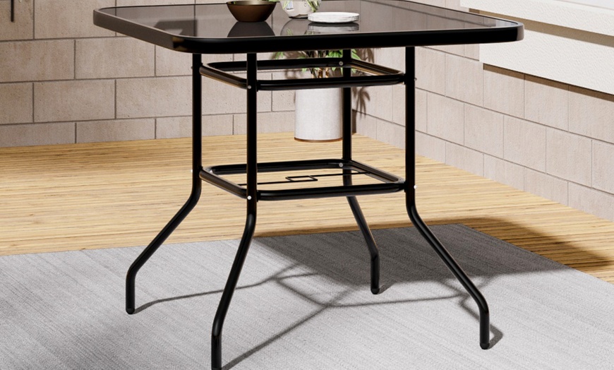 Image 1: Black Tempered Glass Coffee Table with Umbrella Hole 