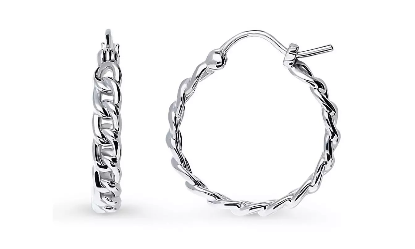 Italian 925 Sterling Silver 18MM Curb Hoop Earrings Stamped 925