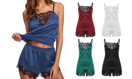 Women Sexy Silk Lace Sleepwear Pajamas Set Lingerie Babydoll Nightwear Sets S Black