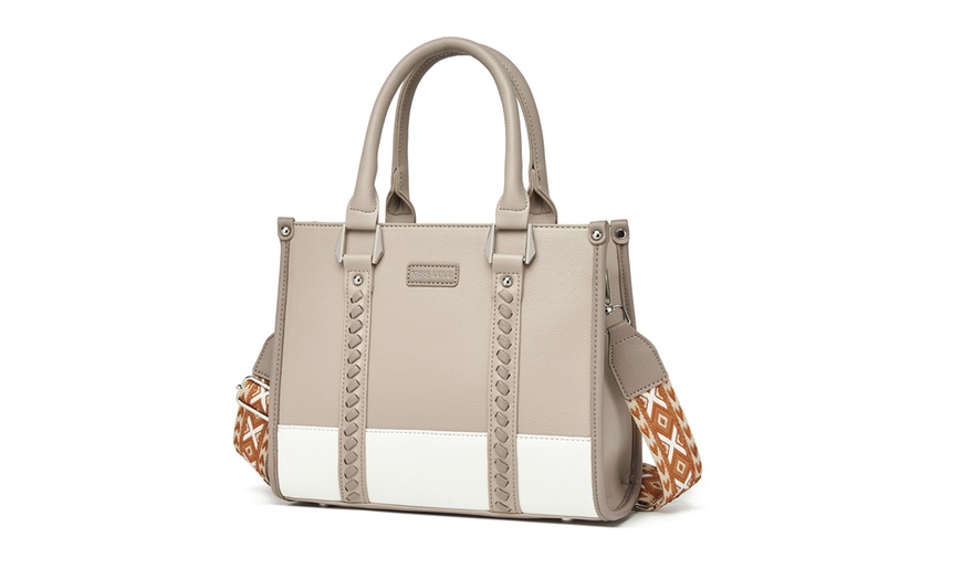 Image 12: Miss Lulu PU Leather Graceful Spacious Tote Bag with Woven Trim Strap