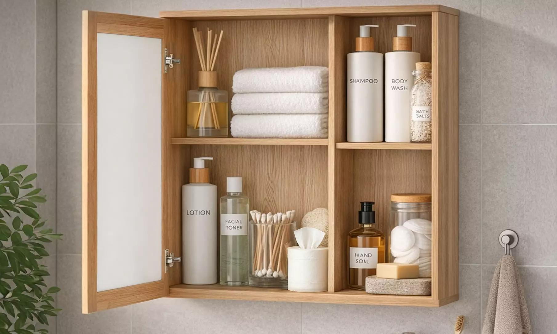 Levede Oak Finish Wall Mounted Mirror Cabinet with Open Shelves