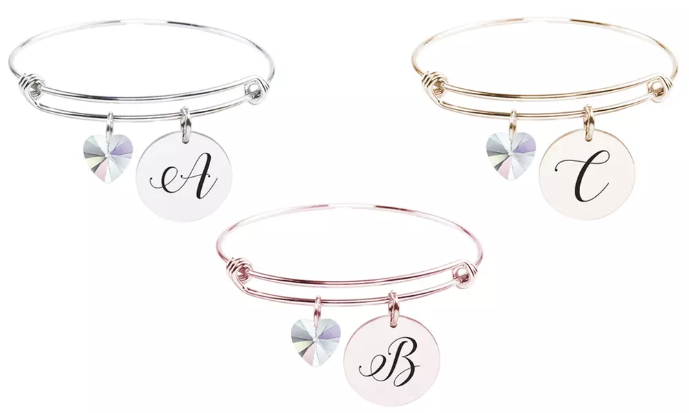 Pink Box Stainless Steel Initial Bangle made with Crystals from Swarovski - Primary Image