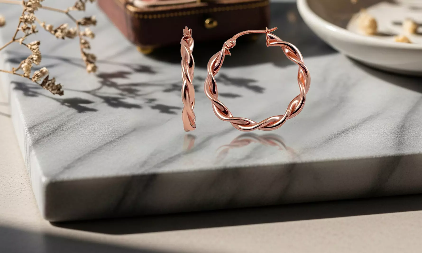 Rose Gold Flash Sterling Silver 3mm Twist  Polished Hoop Earrings, 20mm