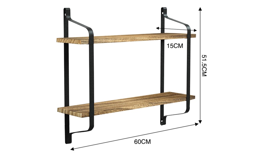 Image 6: 2-Tier Pine Wood Floating Wall Shelves with Industrial Design