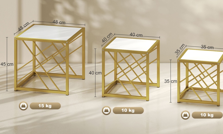 Image 9: HomCom Set of Three Stacking Coffee Tables in White and Gold Tone 