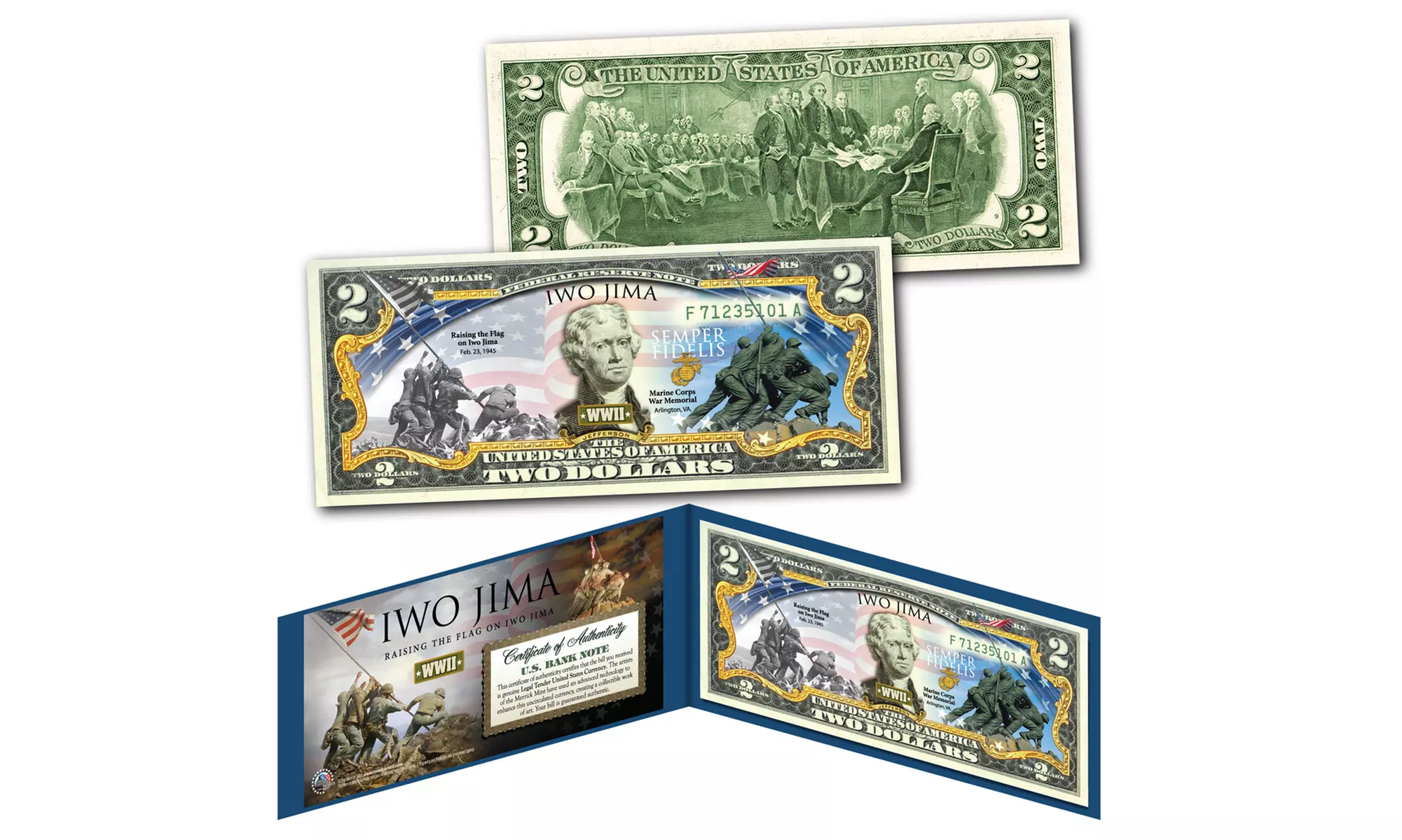Iwo Jima Raising the Flag "Then & Now" WWII Official Legal Tender 2 Dollar Bill