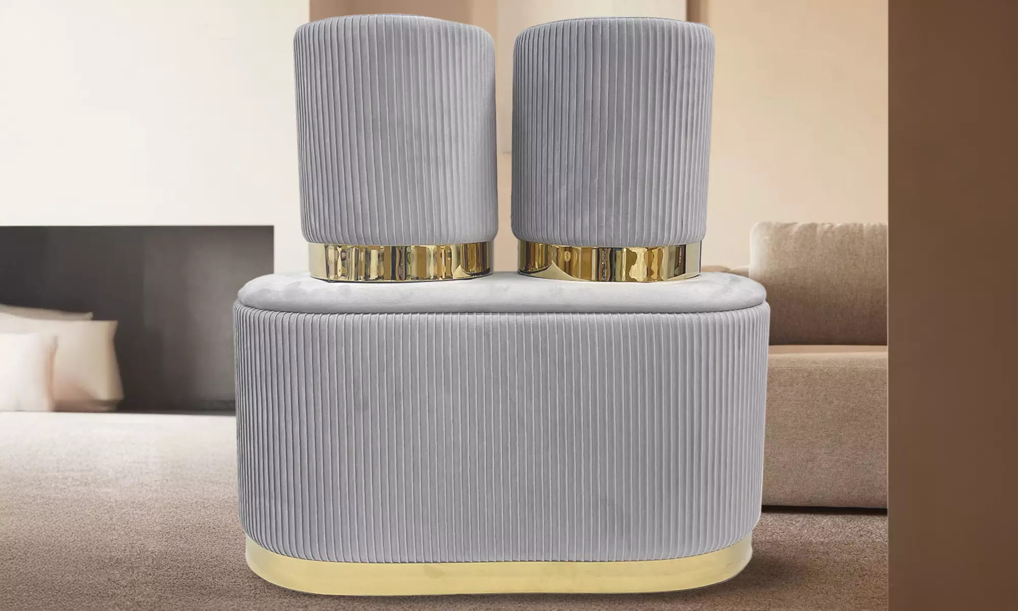 Lote de 3 pufs con tapizado de terciopelo y espacio de almacenamiento