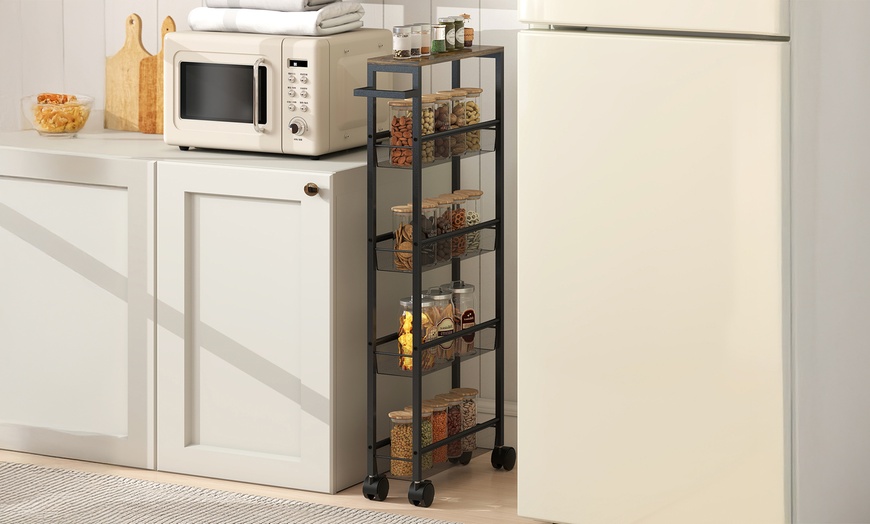 Image 3: HomCom Rolling Kitchen Trolley, Slim Storage Cart with Metal Frame