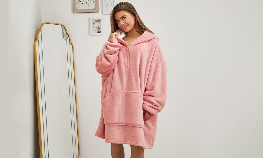 Image 3: Adults' Sherpa Oversized Half-Zip Hoodie Blanket