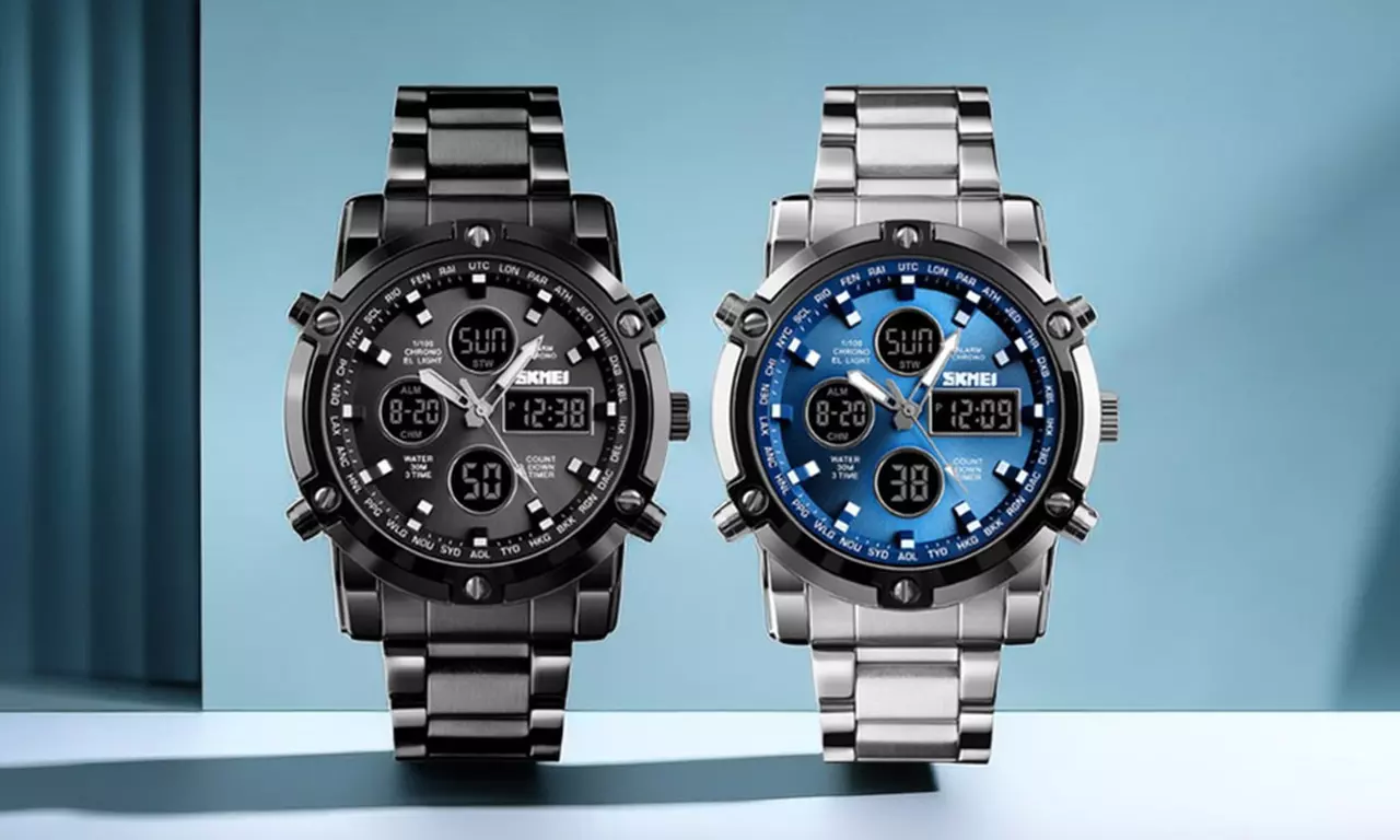 Multifunktionale Herren-Armbanduhr in Schwarz oder Silber/Blau - Primary Image