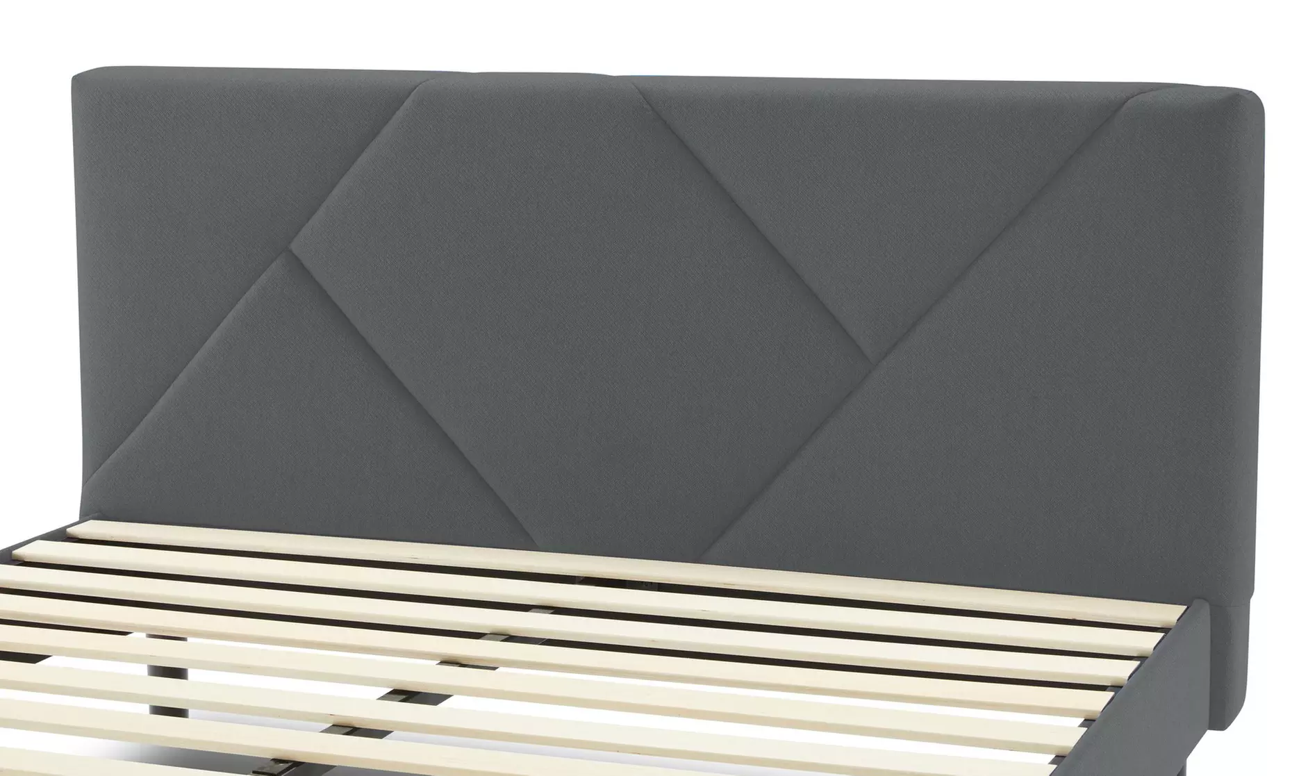 Letto imbottito in tessuto con doghe in legno e vano contenitore