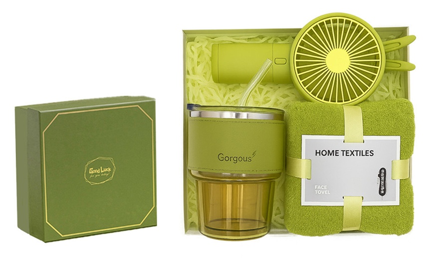 Image 1: Green Bliss Summer Fan, Water Bottle and Towel Gift Set