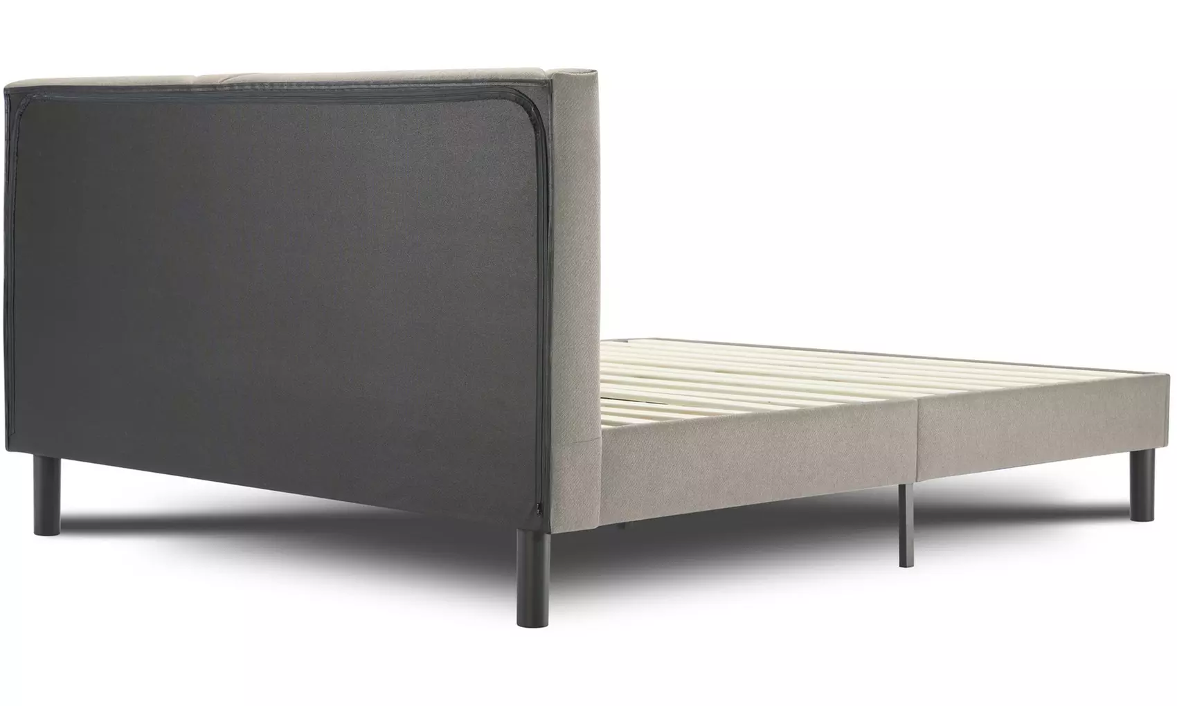 Letto imbottito in tessuto con doghe in legno e vano contenitore