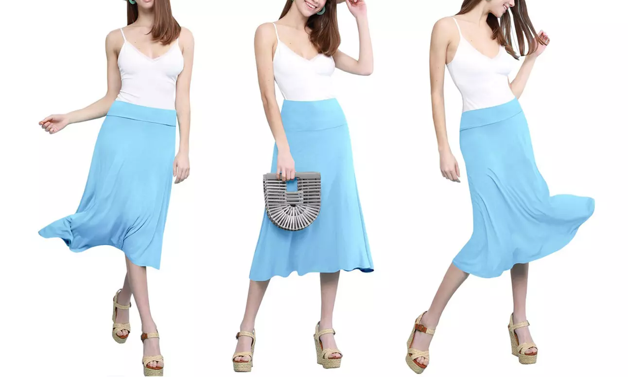 Women's Solid Lightweight Flare Midi Pull On Skirt