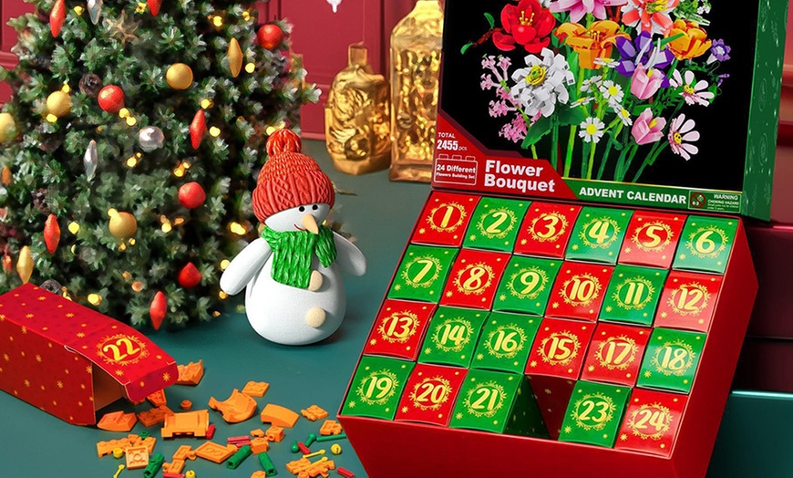 Image 1: Calendario dell'Avvento con blocchi da costruzione a bouquet di fiori