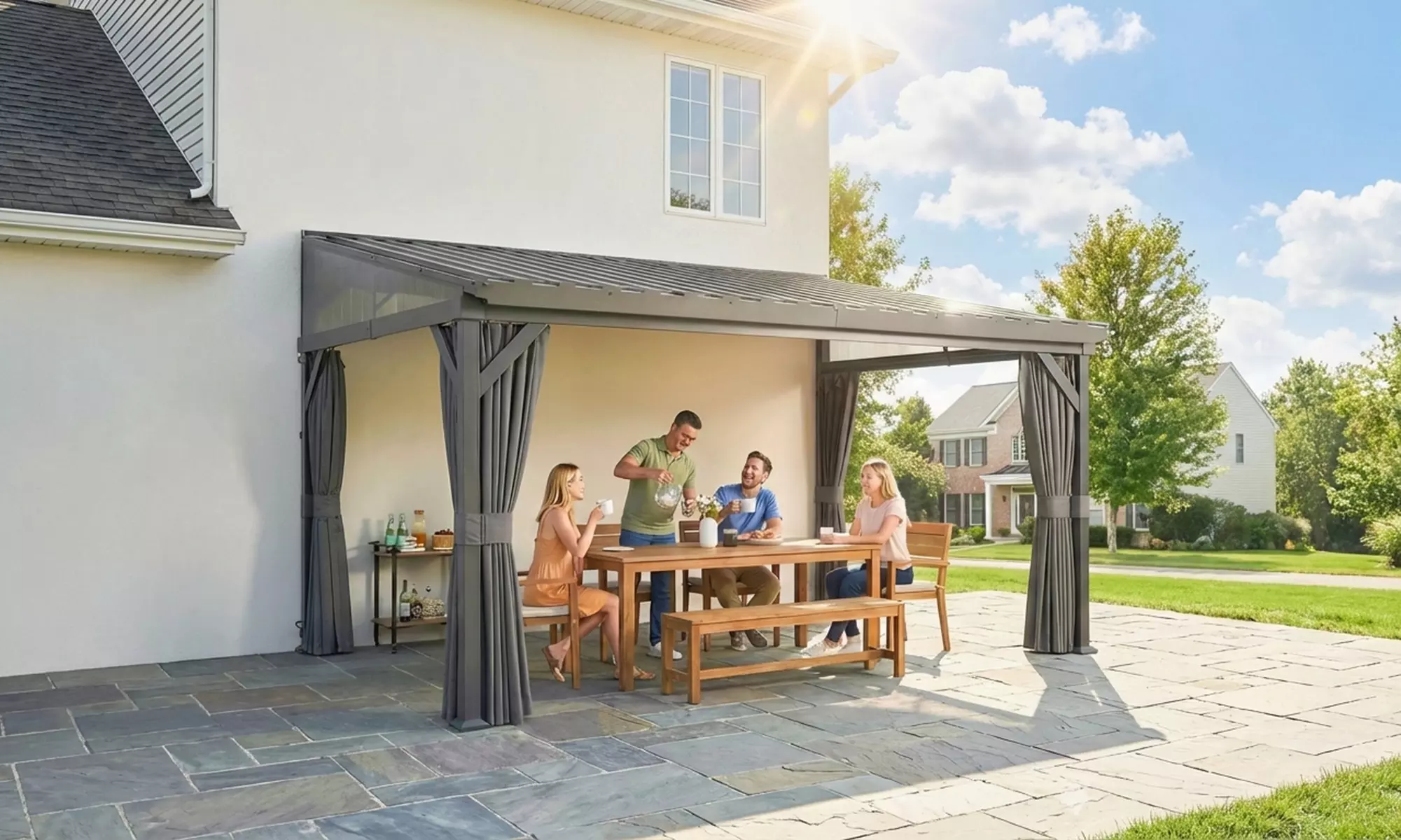 Outsunny Lean-To Pergola and 4-Panel Gazebo Mesh Netting Set