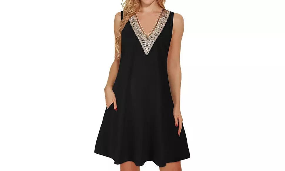 Women Lace Trim V Neck Sleeveless Dress with Pockets S-2X