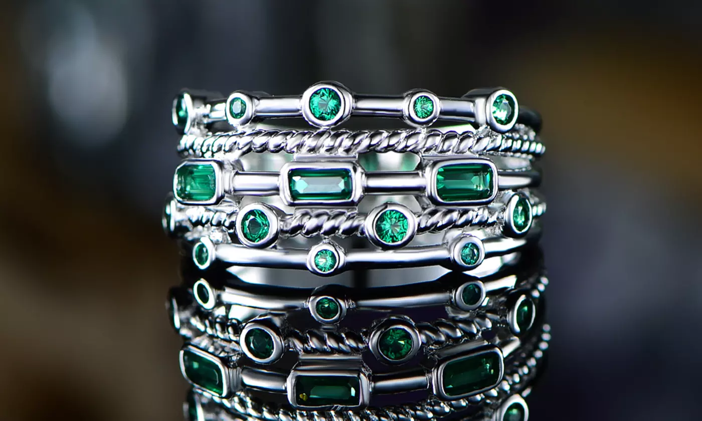 18K White Gold Plated 5 Layer Green Emerald Ring by Peermont 
 - Primary Image