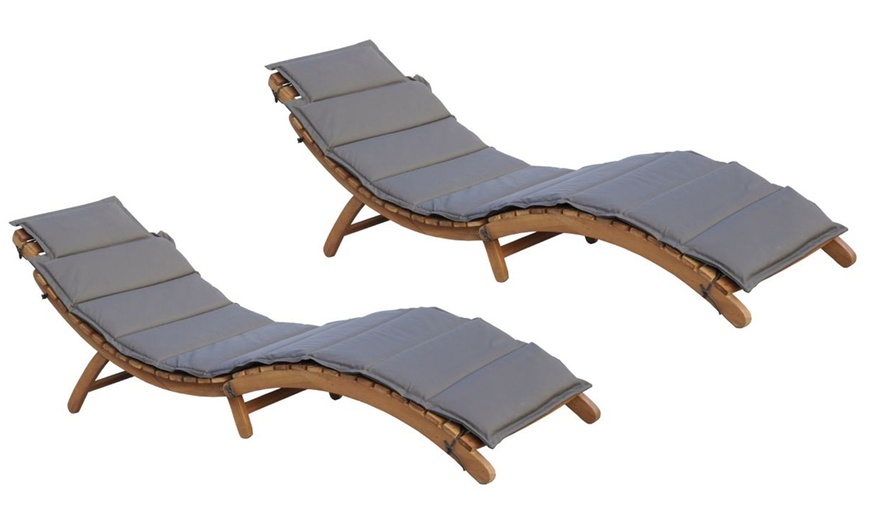 Image 6: Foldable Acacia Wood Sun Lounger with Grey Cushion - 1 or 2 Units