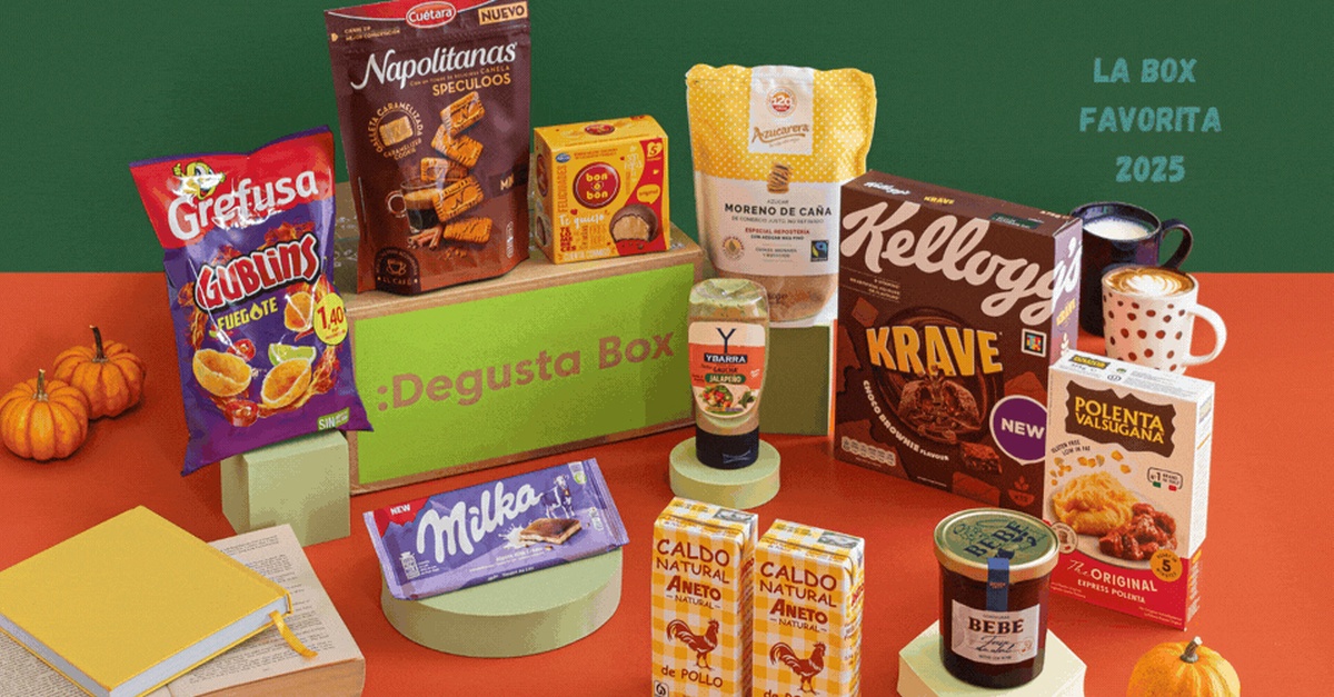 Caja sorpresa Degustabox con productos alimenticios en Madrid