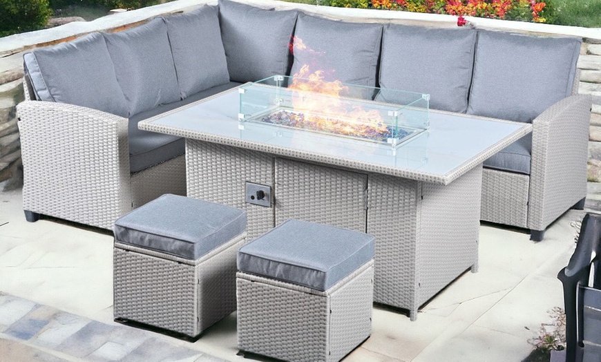 Image 1: Conwy 8-Seat Corner Gas Firepit Rattan Dining Set