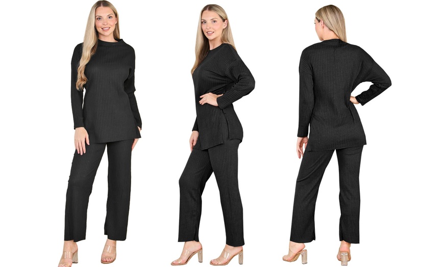 Image 3: Want Clothing Ribbed 2-Piece Wide Leg Loungewear Suit