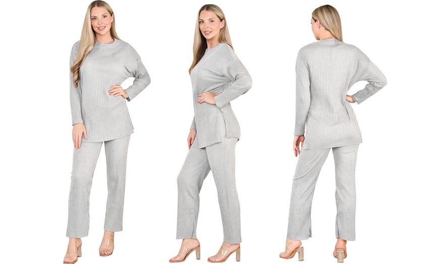 Image 10: Want Clothing Ribbed 2-Piece Wide Leg Loungewear Suit