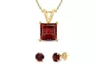 18K Yellow Gold plated Garnet Princess Cut 18 Inch Necklace & Round Earrings Set - Second Medium
