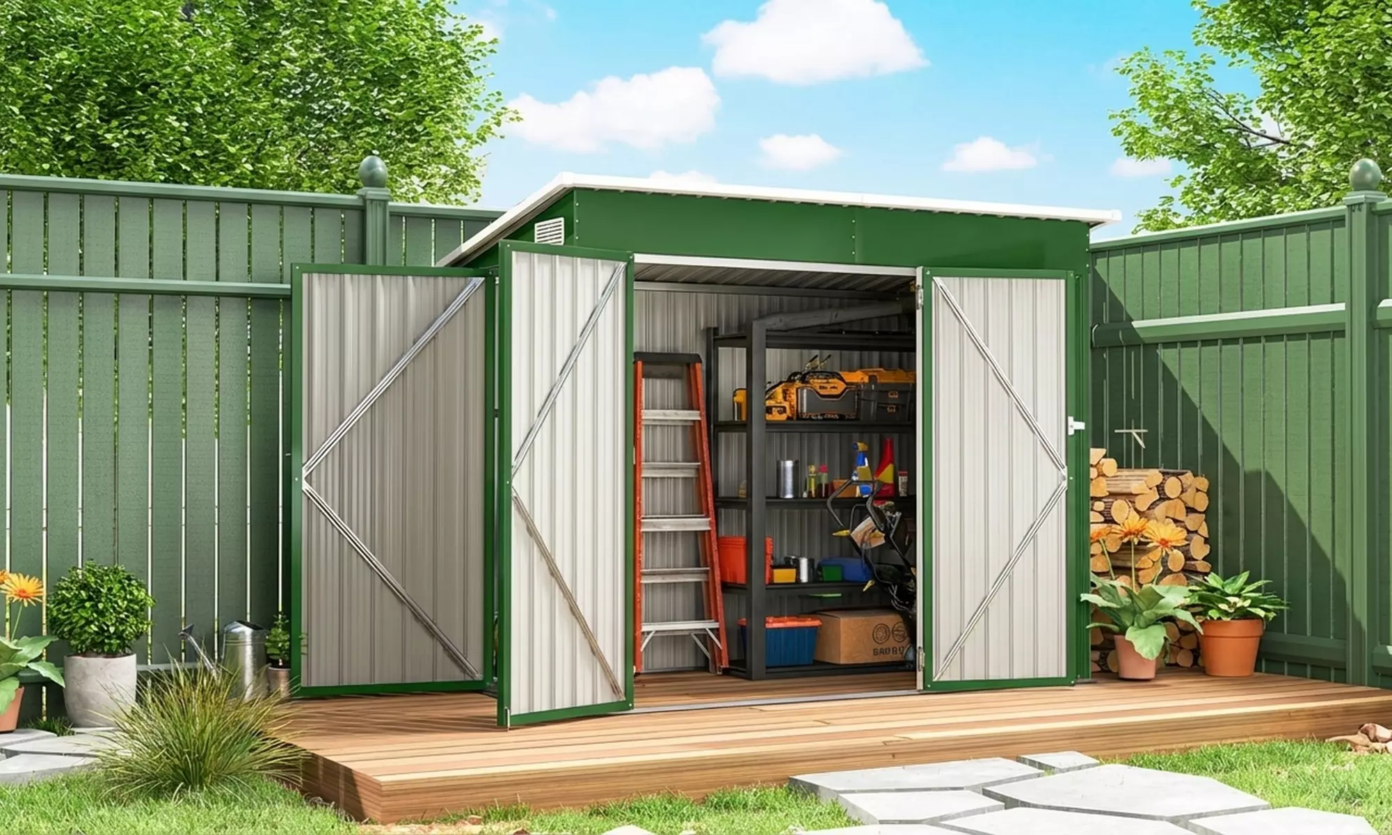 Outsunny Galvanised Steel Garden Storage Shed with Double & Side Doors